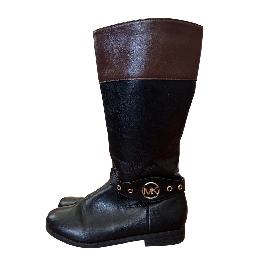 Michael Kors Riding Boots Girls Black Brown Gold Logo SIZE 13